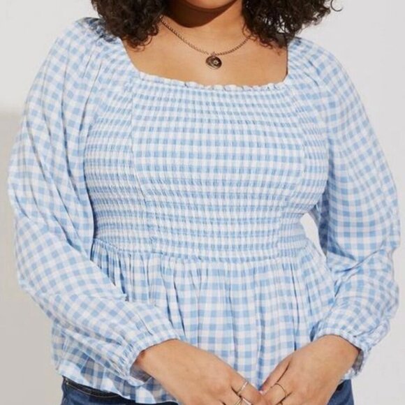 torrid Tops - Torrid Rayon Gingham Blue White Smocked Bodice Long Sleeve Crop Blouse 1X